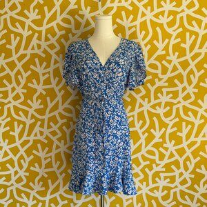 Shein Blue White Floral Print Wrap V-Neck Trad Dress - Medium